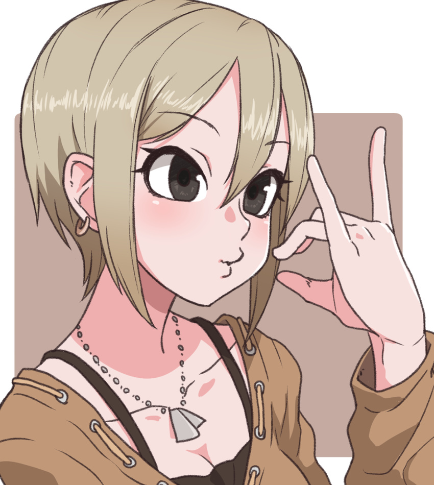 brown brown_background earrings eyebrows eyebrows_visible_through_hair face fox_shadow_puppet gazacy_(dai) grey_eyes grey_hair highres idolmaster idolmaster_cinderella_girls jewelry necklace portrait pursed_lips shiomi_shuuko short_hair simple_background solo