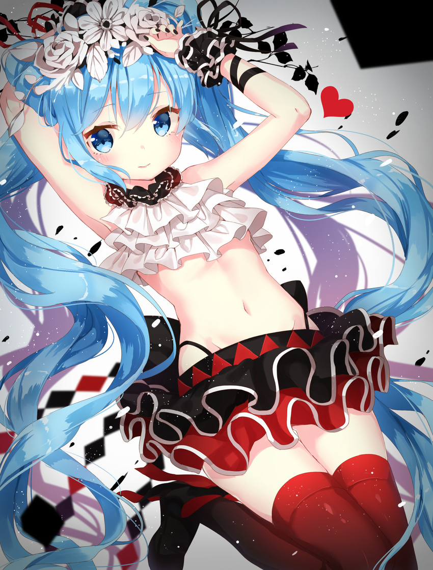 aqua_eyes aqua_hair armpits bare_shoulders bless_you_(module) flower frills hair_flower hair_ornament hatsune_miku highres jimmy light_smile long_hair midriff miniskirt navel nisoku_hokou_(vocaloid) project_diva_(series) project_diva_f_2nd red_legwear skirt sleeveless solo thighhighs twintails very_long_hair vocaloid wrist_cuffs