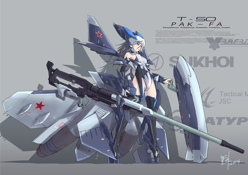 artist_name boots commentary_request elbow_gloves emblem gloves grey_background highres leotard long_hair looking_at_viewer mecha_musume nenchi original red_eyes roundel signature silver_hair solo standing su-57 thigh_boots thighhighs