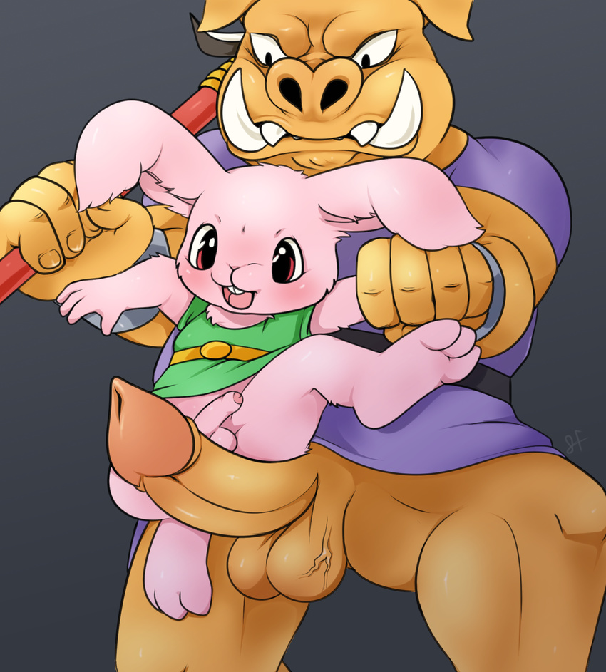 3_toes 4_fingers 5_fingers anthro arm_grab balls big_dom_small_sub big_penis bottomless buckteeth clothed clothing duo fur grey_background hi_res it'll_never_fit lagomorph link link_(rabbit_form) male male/male mammal melee_weapon moblin monster nintendo open_mouth penis penis_size_difference pink_fur polearm porcine rabbit simple_background size_difference slimefur small_penis spear teeth the_legend_of_zelda toes tongue tunic tusks video_games weapon