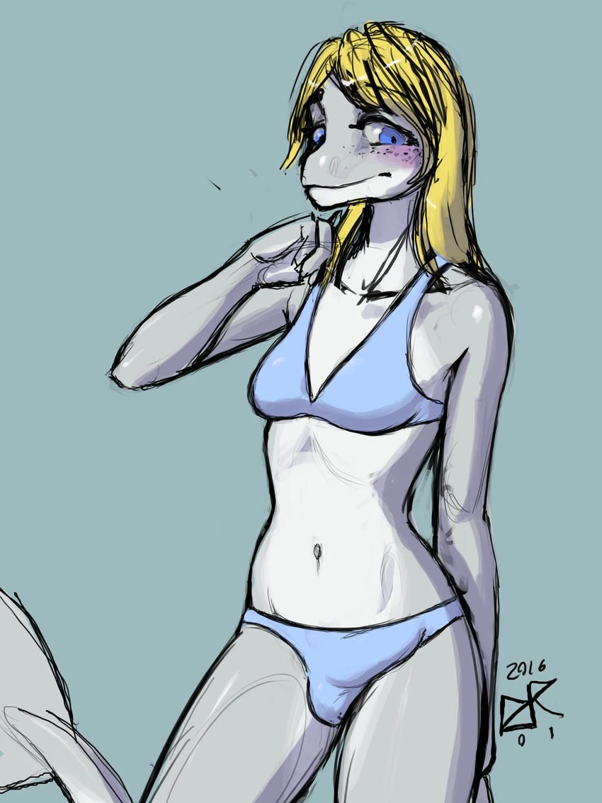 2016 anthro bikini blonde_hair blue_eyes blush breasts bulge cetacean clothed clothing dickgirl dolphin freckles hair hi_res intersex jamie_(ldr) ldr mammal marine navel solo swimsuit