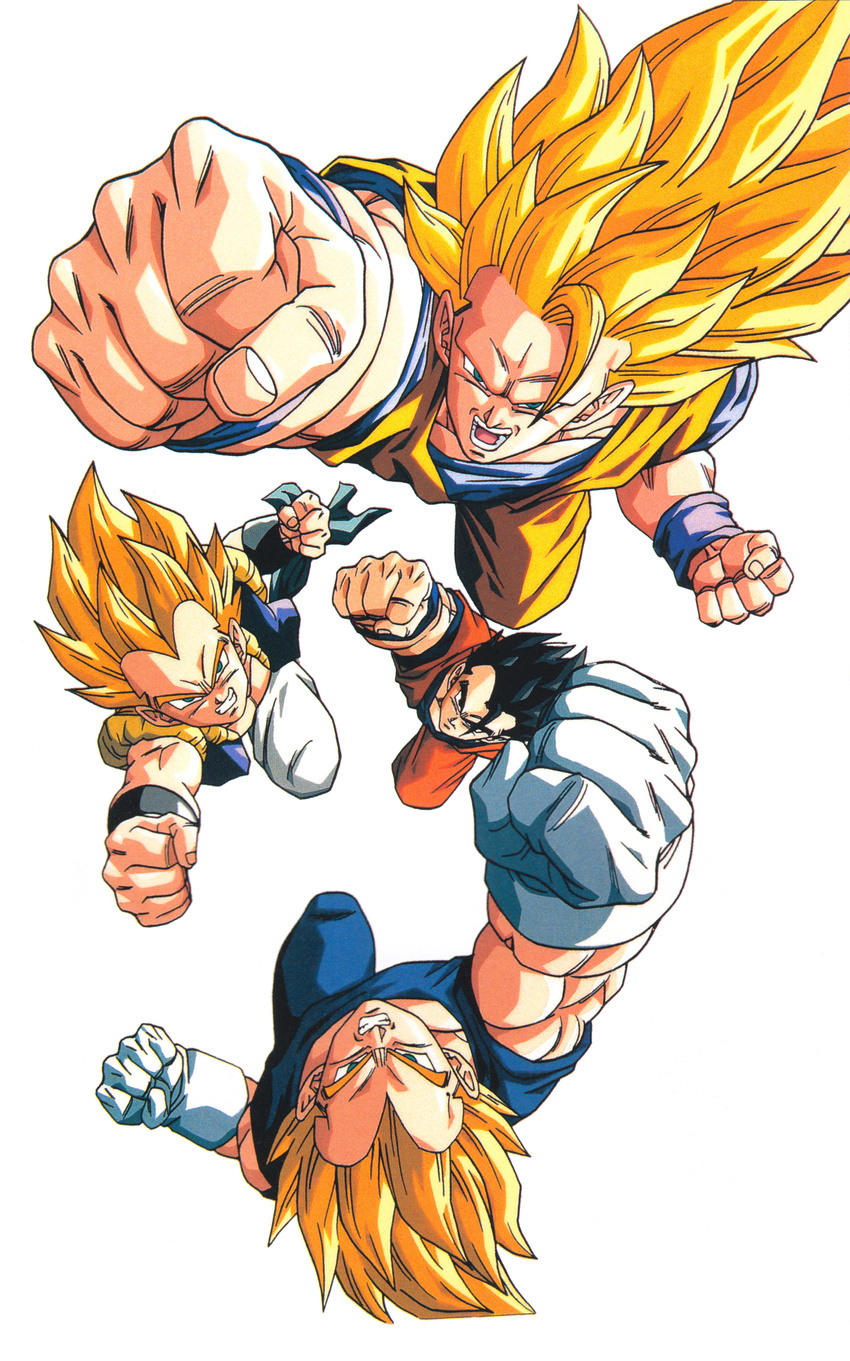 4boys 90s black_hair blonde_hair dougi dragon_ball dragonball_z father_and_son flying fusion gotenks halo long_hair looking_at_viewer male_focus multiple_boys muscle official_art scan serious smile son_gohan son_gokuu spiked_hair super_saiyan super_saiyan_3 vegeta yamamuro_tadayoshi