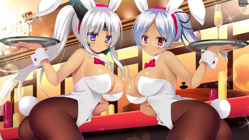 2girls animal_ears animal_tail ass bare_shoulders bent_over blush breasts bunny_ears bunny_tail bunnysuit casino character_request cleavage collar drink elf glasses kerberos_blade large_breasts leotard long_hair looking_at_viewer multiple_girls one-piece_thong pantyhose plate ponytail purple_eyes red_eyes restaurant silver_hair smile spandex tail thong white_hair yuyumatsu