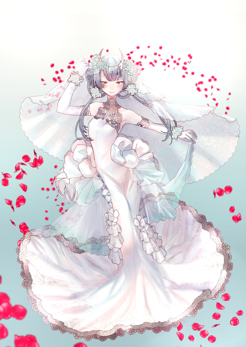 1girl bad_anatomy bare_shoulders blue_background blush breasts bridal_gauntlets bride dress elbow_gloves flower food_fantasy frills fugo_no_shako_(food_fantasy) full_body gloves gradient gradient_background hair_flower hair_ornament hair_rings highres long_hair looking_at_viewer low_twintails oni_horns ooyama_hirota petals red_eyes silver_hair small_breasts smile solo standing twintails veil wedding_dress white_dress white_gloves wristband