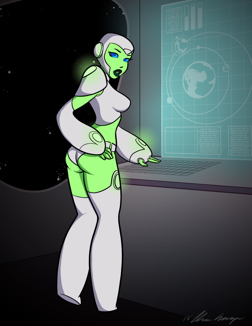 android armor aya better_version_at_source blue_eyes blue_sclera butt cosbinator1 female glowing green_lantern_(series) green_skin hand_on_hip helmet inside looking_aside looking_at_viewer machine robot side_view solo space standing