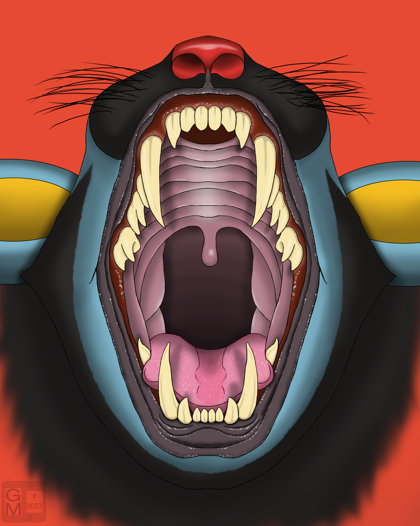 2016 3ds ambiguous_gender black_fur blue_fur english_text fangs feline feral fur gamemaniac hi_res luxray mammal nintendo nude open_mouth pok&eacute;mon red_background red_nose sharp_teeth simple_background solo teeth text video_games watermark yellow_fur