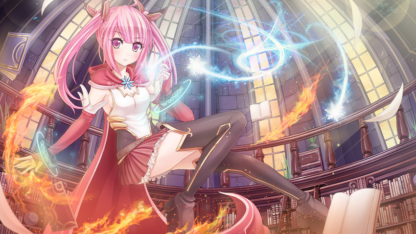 book breasts elbow_gloves fire gloves long_hair original pink_eyes pink_hair skirt sunimu twintails