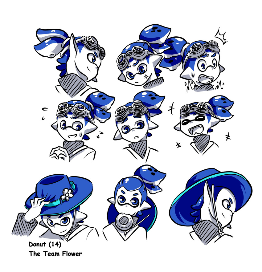 1boy anger_vein blue_eyes blue_hair character_name character_sheet domino_mask donut_(zoza) doughnut expressions fangs flower flying_sweatdrops food goggles goggles_on_head hair_slicked_back hand_on_headwear hat hat_flower highres inkling male_focus mask mouth_hold multiple_views open_mouth partially_colored pointy_ears portrait scrunchie smile splatoon_(series) splatoon_1 sweatdrop tentacle_hair topknot zoza