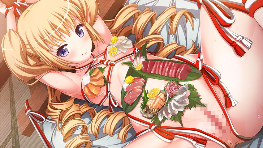 blonde_hair blue_eyes censored eyelashes long_hair mosaic_censoring non-web_source nyotaimori purple_eyes recent solo