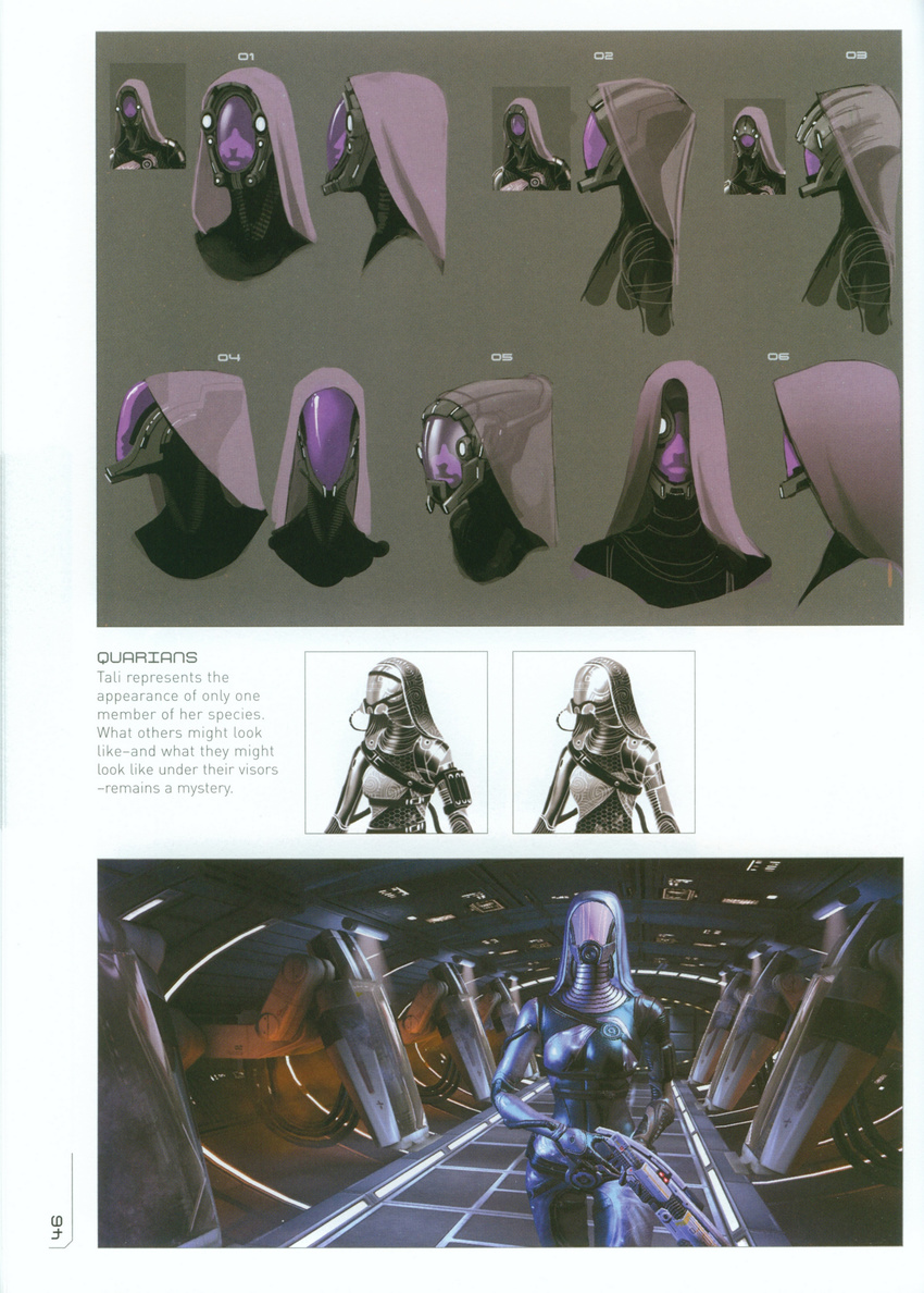 alien armor concept_art english_text helmet humanoid mask mass_effect monochrome official_art quarian tali_zorah text video_games