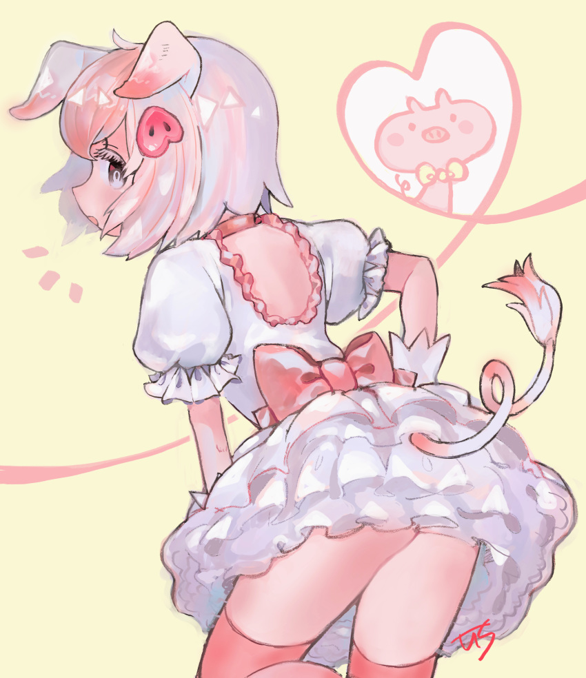 1girl animal_ears ass back_bow black_eyes bow commentary_request dress from_behind gloves hair_ornament hairclip heart highres ichi001 kemono_friends leaning_forward multicolored_hair petticoat pig_(kemono_friends) pig_ears pig_tail pink_bow pink_hair pink_legwear puffy_short_sleeves puffy_sleeves short_hair short_sleeves signature silver_hair simple_background solo tail thighhighs white_dress white_gloves yellow_background