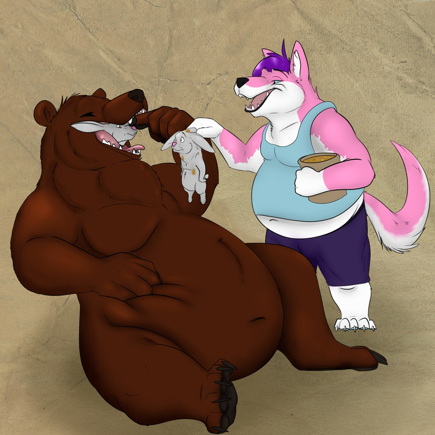 auronkenzie bear belly brown_fur buteo canine dog eating fat_furs fur honey husky kuiko lagomorph lazyburr mammal overweight pink_fur rabbit rabbits soft_vore vore