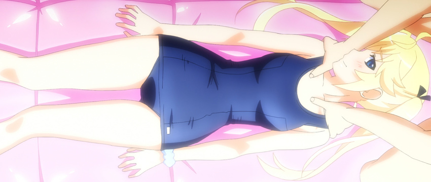 1girl blonde_hair blue_eyes grisaia_(series) lying matsushima_michiru school_swimsuit small_breasts smile swimsuit twintails