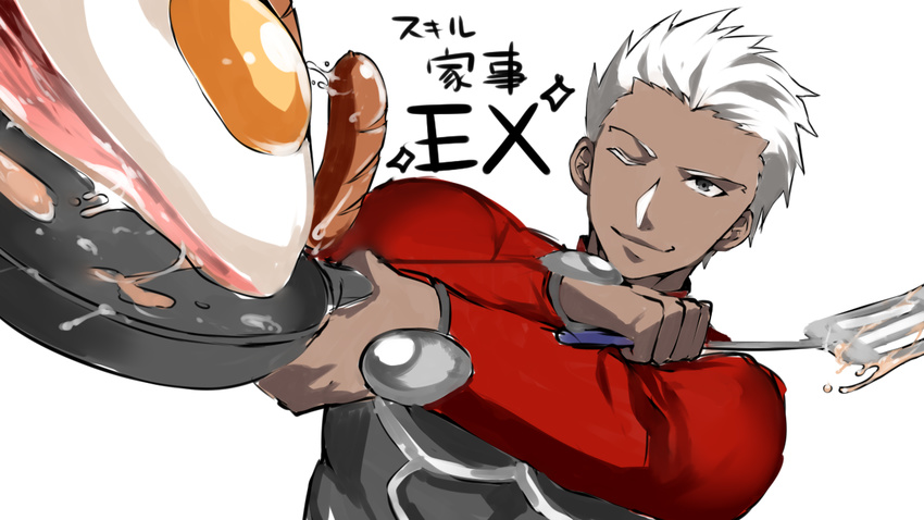 archer bacon bad_id bad_pixiv_id cooking cropped_jacket dark_skin dark_skinned_male egg fate/stay_night fate_(series) food fried_egg frying_pan grey_eyes hamada_pochiwo holding jacket long_sleeves male_focus one_eye_closed outstretched_arm red_jacket sausage simple_background smug solo sparkle spatula translated upper_body white_background white_hair