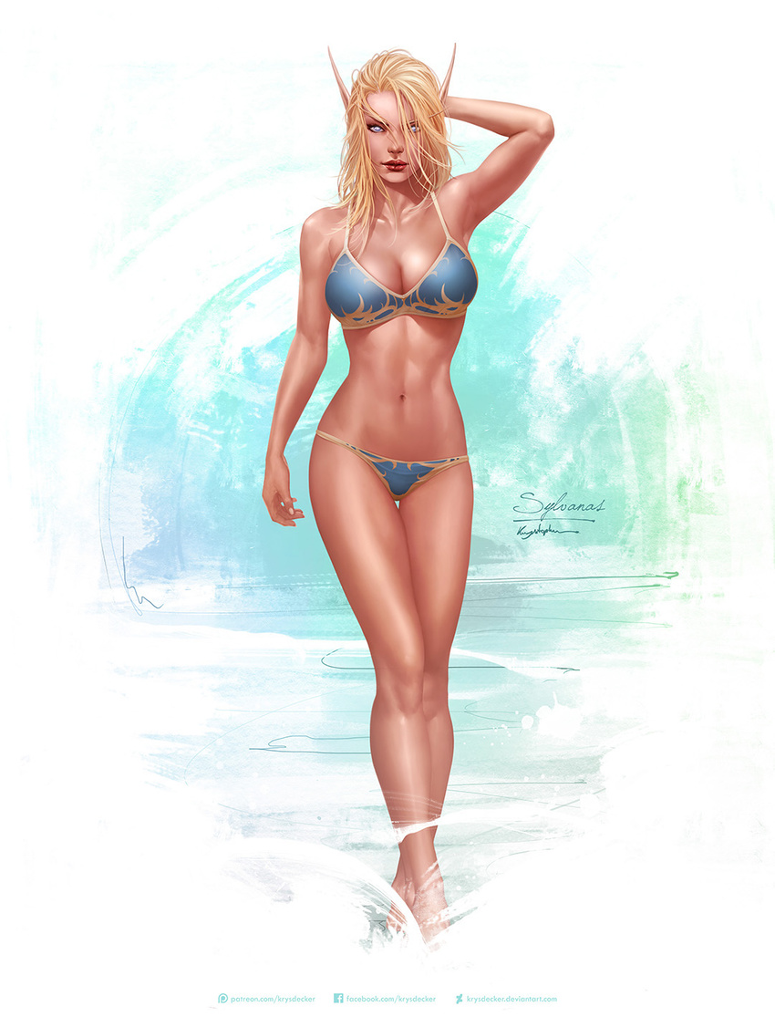 barefoot bikini blonde_hair blue_eyes breasts character_name cleavage elf hand_behind_head high_elf highres krystopher_decker large_breasts lipstick long_hair looking_at_viewer makeup midriff navel pointy_ears red_lipstick signature solo swimsuit sylvanas_windrunner thigh_gap warcraft world_of_warcraft