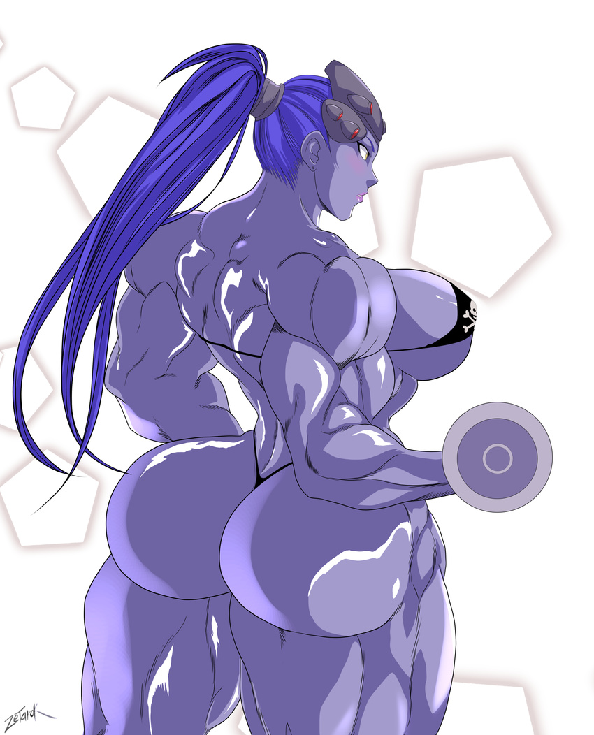 1girl ass back extreme_muscles female huge_ass long_hair long_ponytail muscle overwatch ponytail purple_hair purple_skin solo widowmaker_(overwatch) zetarok