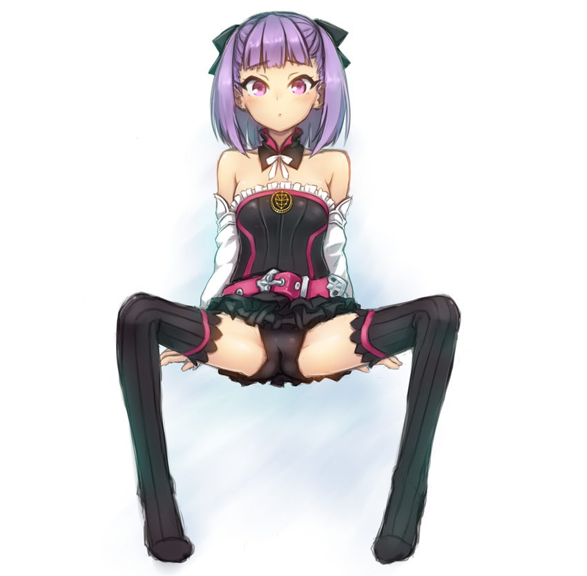 bare_shoulders black_legwear black_panties blush bow detached_sleeves fate/grand_order fate_(series) flat_chest hair_bow helena_blavatsky_(fate/grand_order) kou_(garakuta_teikoku) looking_at_viewer panties purple_eyes purple_hair short_hair solo spread_legs strapless thighhighs underwear white_sleeves