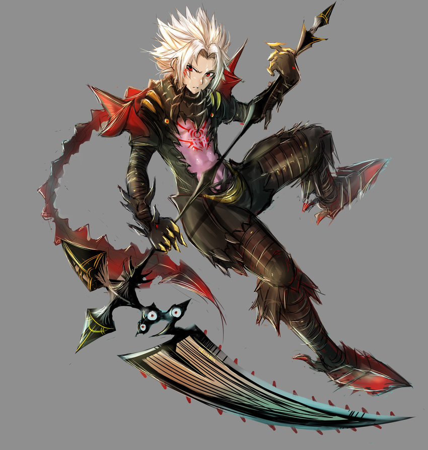 .hack//g.u. 1boy absurdres albino armor bangs black_armor deluxe&lt;&lt;&lt; expressionless full_armor full_body grey_background haseo_(.hack//) highres holding holding_scythe looking_at_viewer male_focus parted_bangs red_eyes scythe solo spiked_hair white_hair