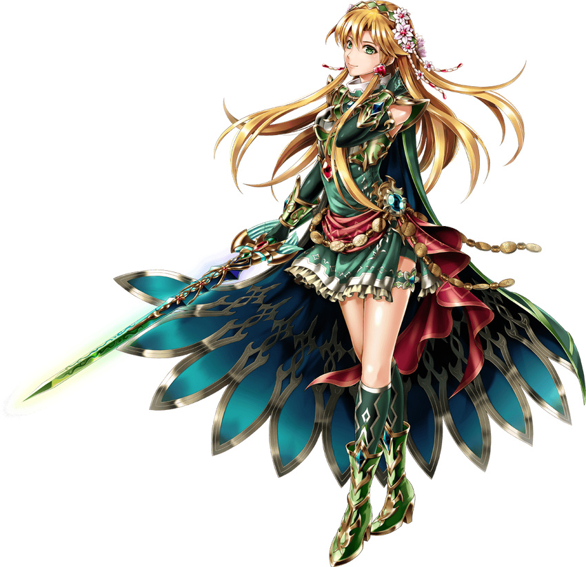 armor belt blonde_hair boots brave_frontier cape full_body green_footwear hair_ornament hairband kneehighs legband libera_(brave_frontier) long_hair miniskirt official_art ornate_armor ornate_clothing skirt smile solo standing sword transparent_background weapon wrist_guards