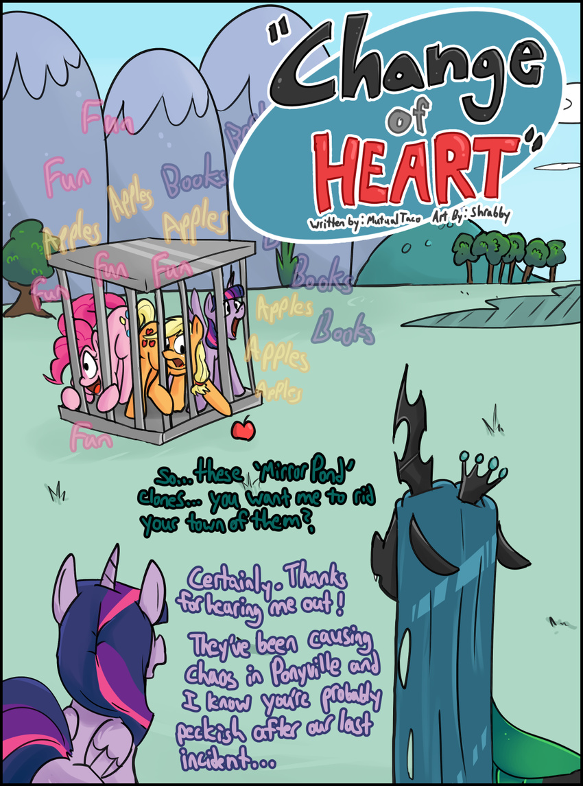 2016 apple applejack_(mlp) blonde_hair caged changeling comic cutie_mark dialogue earth_pony english_text equine feral food friendship_is_magic fruit group hair horn horse long_hair mammal my_little_pony outside pink_hair pinkie_pie_(mlp) pony queen_chrysalis_(mlp) shrabby text tree twilight_sparkle_(mlp) winged_unicorn wings