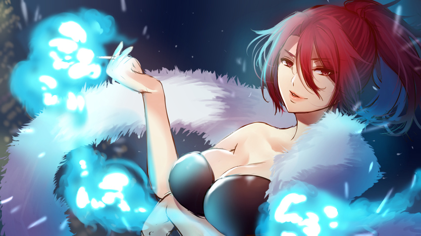 aozaki_touko bad_id bad_pixiv_id bare_shoulders blue_fire breast_rest breasts cigarette cleavage dark_background dress eyebrows eyebrows_visible_through_hair eyes_visible_through_hair fate/grand_order fate_(series) fire fur_trim hair_between_eyes hamada_pochiwo kara_no_kyoukai large_breasts lipstick long_hair looking_at_viewer makeup ponytail red_eyes red_hair scarf simple_background sleeveless sleeveless_dress smoking solo strapless strapless_dress upper_body