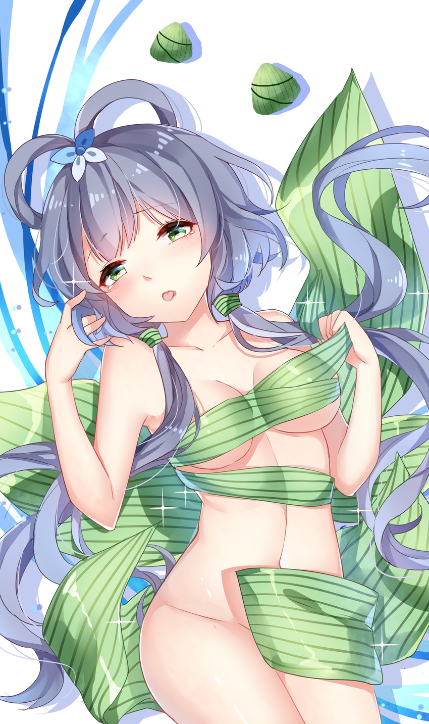 absurdres breasts chuor_(chuochuoi) cleavage green_eyes green_ribbon grey_hair hair_ornament highres long_hair looking_at_viewer luo_tianyi medium_breasts ribbon solo striped striped_ribbon thighhighs tongue underwear vocaloid vocanese