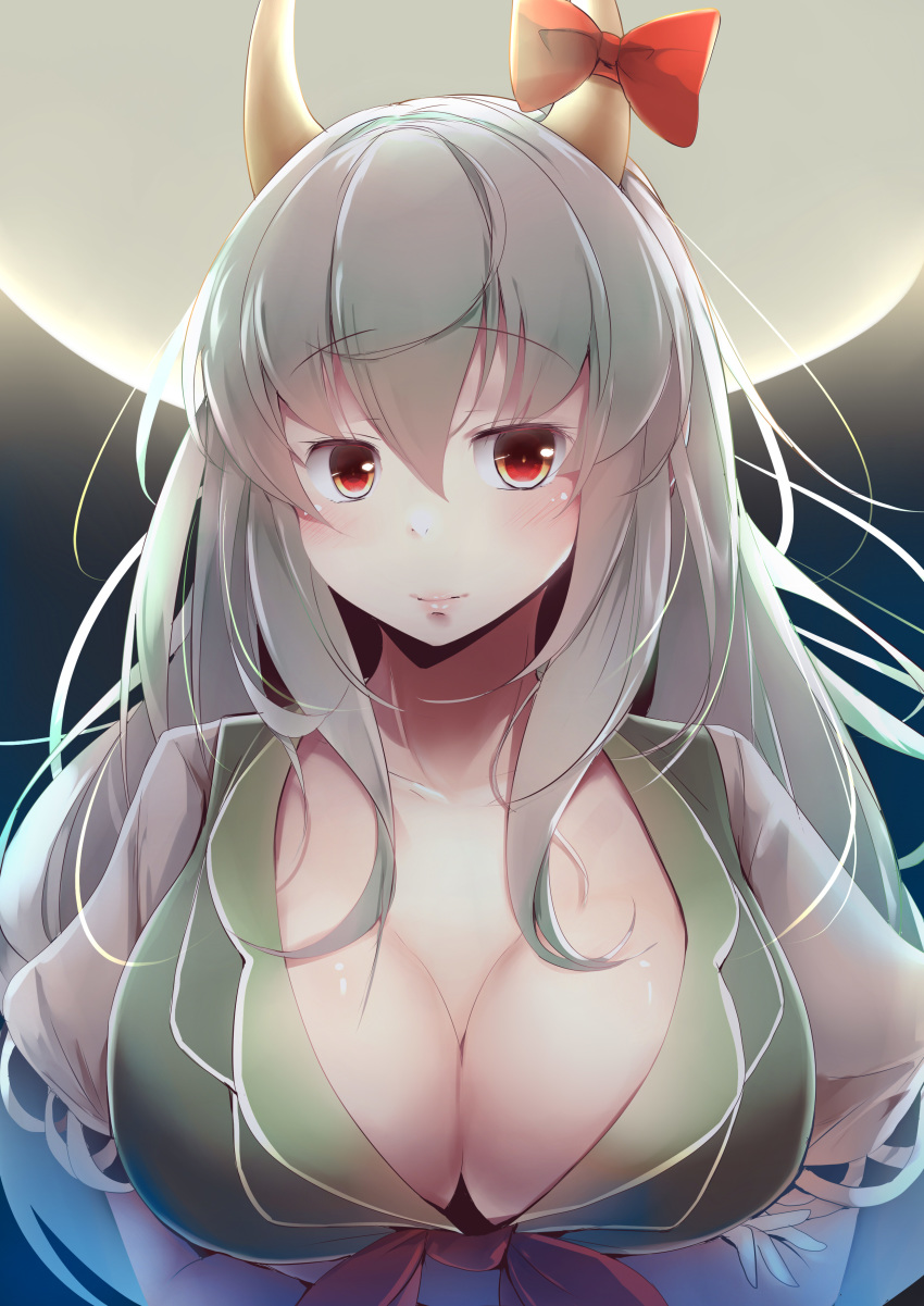 1girl absurdres bow breasts cleavage commentary crossed_arms dress ex-keine eyebrows_visible_through_hair eyes_closed full_moon green_dress green_hair hair_between_eyes hair_bow highres horns kamishirasawa_keine kanzakietc large_breasts lips long_hair looking_at_viewer moon multicolored_hair night puffy_short_sleeves puffy_sleeves red_bow red_eyes short_sleeves silver_hair smile solo touhou two-tone_hair upper_body