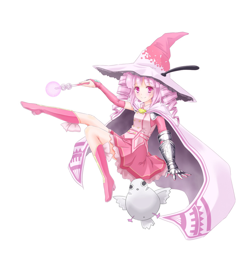 bird boots bridal_gauntlets cape drill_hair eyebrows eyebrows_visible_through_hair gauntlets hadi hat highres knee_boots leg_up long_hair looking_at_viewer magical_girl mahou_shoujo_taisen_contest_1 pink_footwear pink_hair purple_eyes simple_background single_gauntlet smile solo spell white_background witch_hat