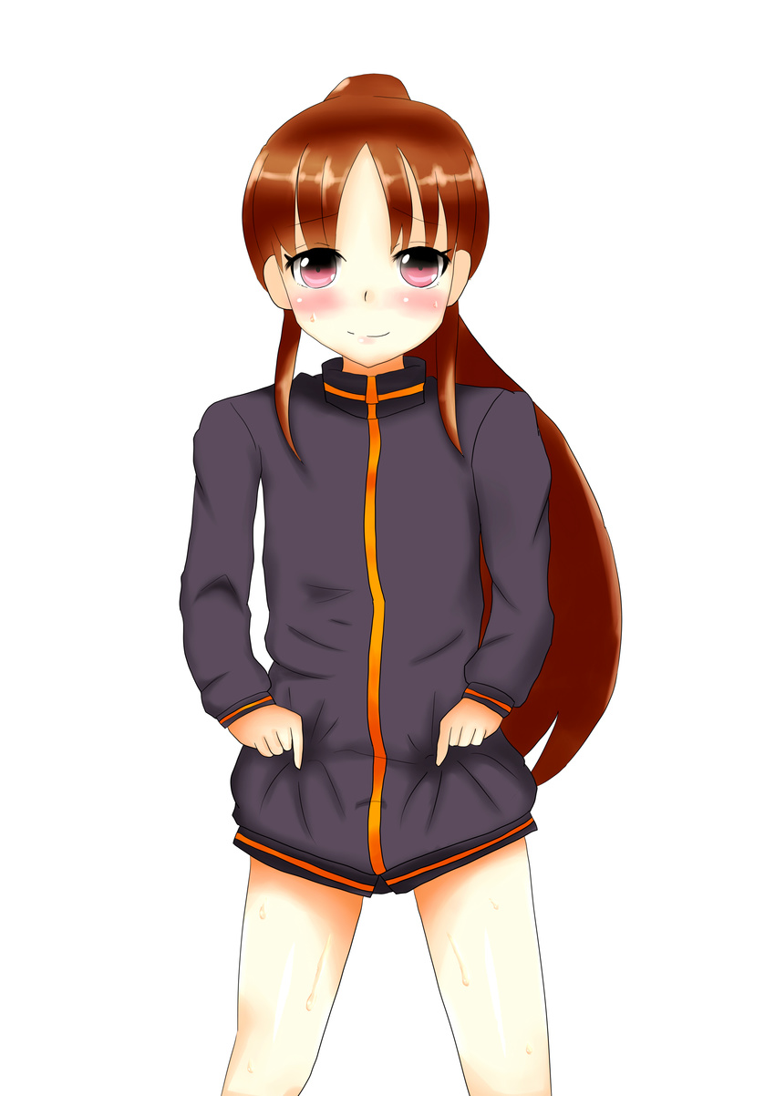 1girl bare_legs bottomless female long_sleeves naked_track_jacket no_panties no_pants saki simple_background solo takakamo_shizuno white_background