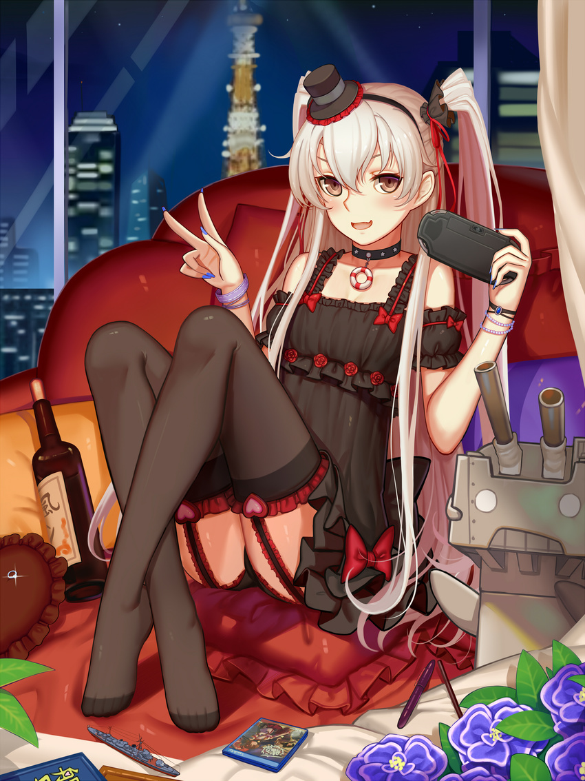absurdres alternate_costume amatsukaze_(kantai_collection) arm_strap bare_shoulders black_dress black_legwear black_panties blurry bottle bow brown_eyes choker cityscape collarbone couch crossed_legs cushion depth_of_field detached_sleeves dress fingernails frilled_legwear frills full_body game_console garter_straps hair_between_eyes hairband handheld_game_console hat highres kantai_collection lifebuoy long_fingernails long_hair looking_at_viewer mini_hat mini_top_hat nail_polish no_shoes open_mouth panties pen playstation_vita red_bow rensouhou-kun sake_bottle short_dress silver_hair sitting solo sonikey0_0 thighhighs thighs toes top_hat two_side_up underwear v very_long_hair w window windsock yellow_eyes
