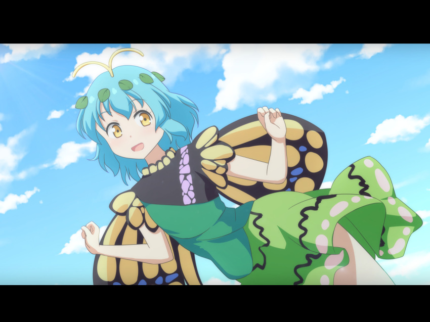 1girl :d bare_arms blue_hair blue_sky butterfly_wings cato_(monocatienus) cloud commentary_request day dress dutch_angle eternity_larva eyebrows_visible_through_hair green_dress hair_ornament hands_up leaf_hair_ornament letterboxed looking_at_viewer medium_hair open_mouth outdoors sky smile solo touhou wings yellow_eyes