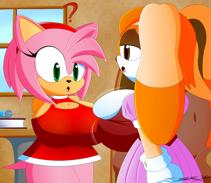 ! amy_rose anthro big_breasts breasts cleveage clothing embarrassed female fur gloves hedgehog huge_breasts hyper lagomorph mammal nipples pink_fur rabbit slickehedge smile sonic_(series) surprise vanilla_the_rabbit