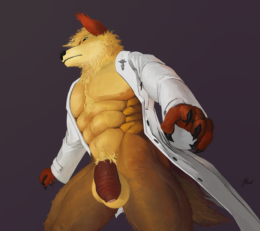 2016 5_fingers abs anthro black_nose bottomless brown_eyes brown_fur brown_penis brown_tail canine chest_tuft claws clothed clothing dedran digital_media_(artwork) flaccid fluffy fluffy_tail front_view fur grey_background humanoid_penis lab_coat low-angle_view male mammal maned_wolf multicolored_fur muscular muscular_male neck_tuft pecs penis portrait signature simple_background solo standing tan_balls tan_fur three-quarter_portrait tuft uncut zomacaius