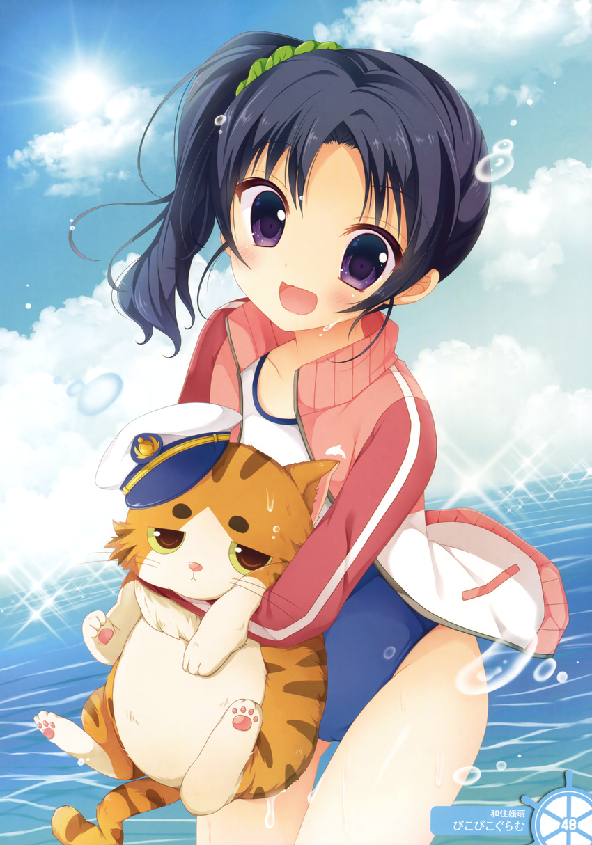 absurdres animal black_hair cameltoe cat collarbone cowboy_shot hair_ornament hair_scrunchie high_school_fleet highres holding holding_animal isoroku_(haifuri) jacket long_hair looking_at_viewer one-piece_swimsuit open_clothes open_jacket open_mouth picpicgram purple_eyes scrunchie side_ponytail solo swimsuit water wazumi_hime wet