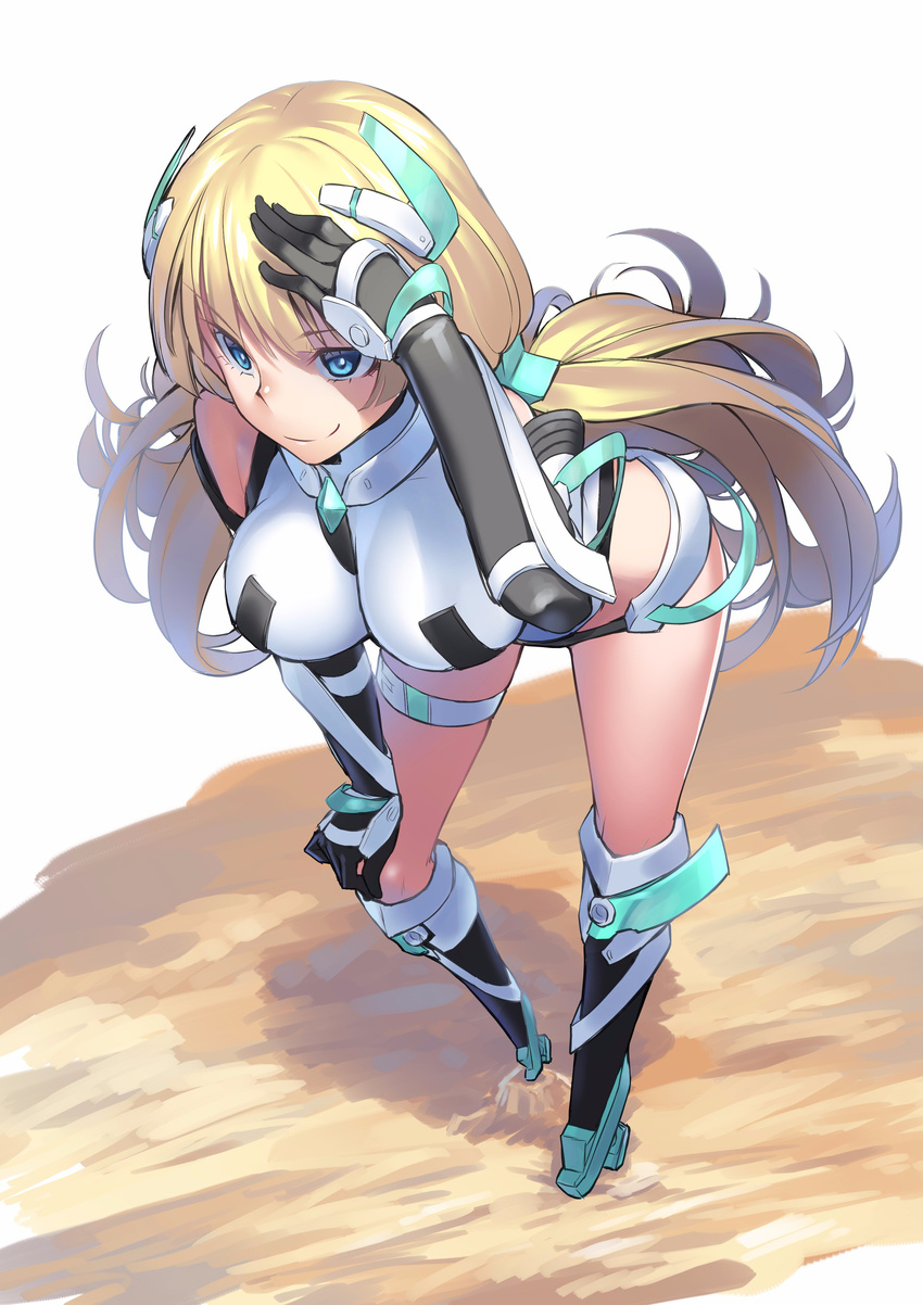 absurdres angela_balzac bent_over blonde_hair blue_eyes boots breasts detached_sleeves deva_battle_suit h_kasei hanging_breasts headgear highres knee_boots large_breasts leotard long_hair low_twintails rakuen_tsuihou silver_hair smile solo thighs twintails very_long_hair
