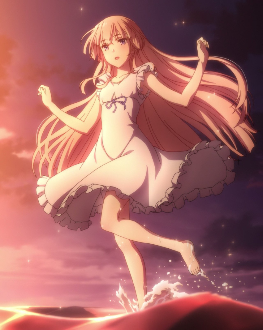 1girl beach girly_air_force gripen_(girly_air_force) highres long_hair pink_hair purple_eyes screencap stitched sunset third-party_edit