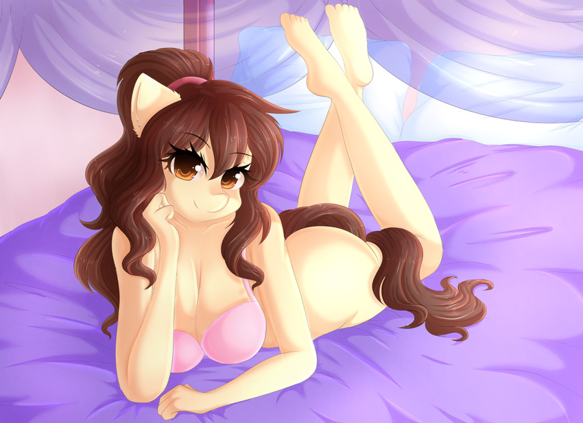 2016 anthro barefoot bed breasts brown_eyes brown_hair butt cleavage clothed clothing cookie_(oc) earth_pony equine eyelashes fan_character feet female fluffymaiden hair horse humanoid_feet long_hair looking_at_viewer lying mammal my_little_pony on_bed on_front pony ponytail smile solo