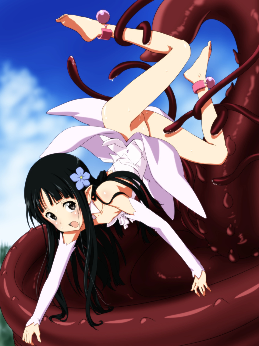 1girl bare_shoulders black_eyes black_hair blush choker dress elbow_gloves feet flat_chest flower hair_flower highres kotobuki_hajime legs long_hair looking_back monster no_panties open_mouth outdoors pointy_ears pussy_juice rape shaved shaved_pussy sky sword_art_online tentacle thighs toes upside_down wet white_dress yui_(sao) yui_(sao-alo)