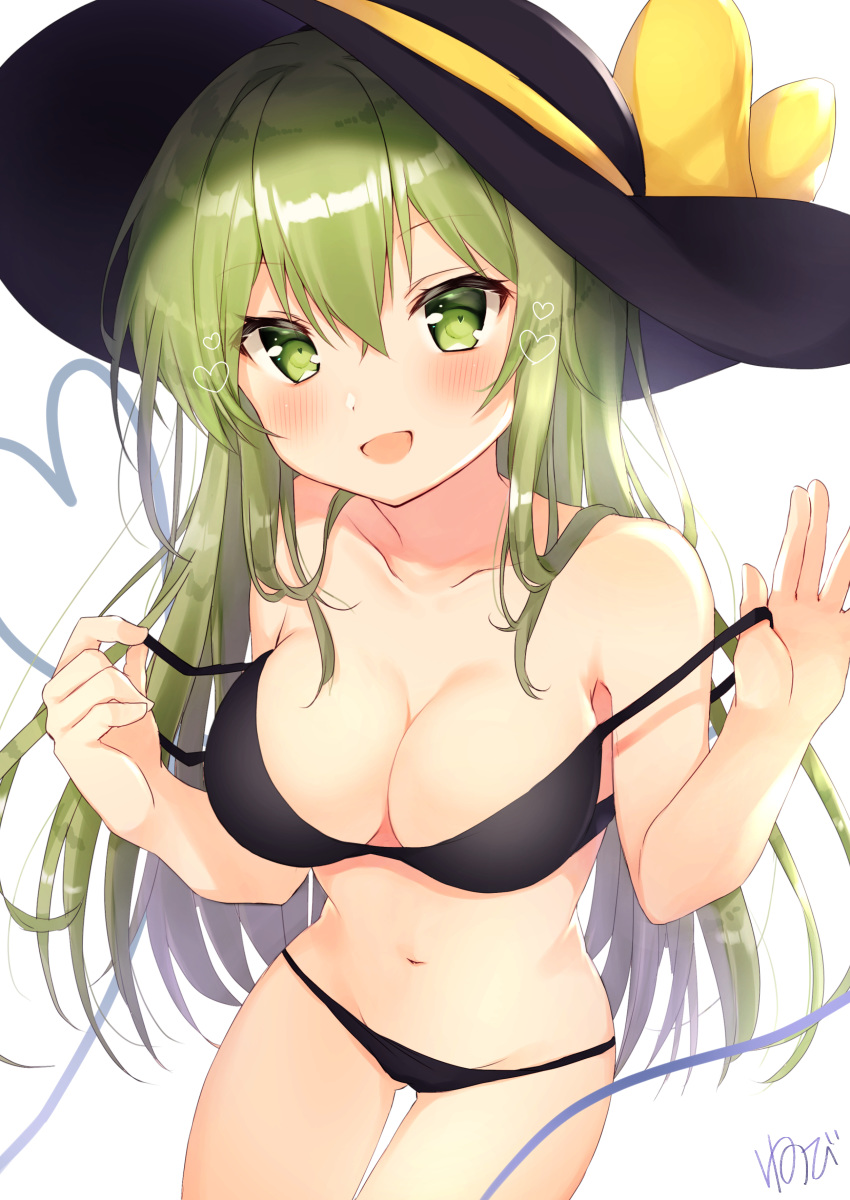 1girl :d absurdres artist_name bangs bare_arms bare_shoulders bikini black_bikini black_hat blush bow breasts cleavage collarbone commentary_request cowboy_shot eyebrows_visible_through_hair green_eyes green_hair hair_between_eyes hands_up hat hat_bow hat_ribbon heart heart_of_string highres komeiji_koishi large_breasts long_hair looking_at_viewer navel nenobi_(nenorium) open_mouth ribbon sidelocks signature simple_background smile solo standing stomach strap_pull swimsuit thighs touhou very_long_hair white_background yellow_bow