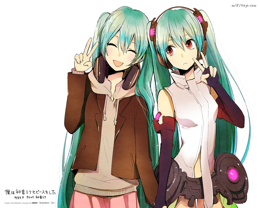 closed_eyes earphones green_hair hatsune_miku long_hair multiple_girls open_mouth red_eyes twintails very_long_hair vocaloid yokoyari_mengo