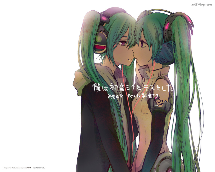 earphones empty_eyes green_hair hatsune_miku imminent_kiss long_hair multiple_girls purple_eyes tears twintails vocaloid yokoyari_mengo yuri