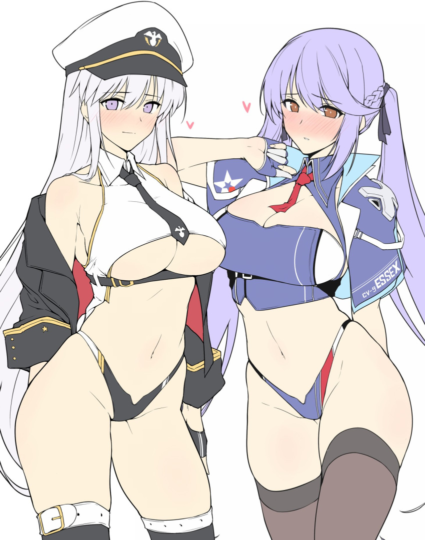 2girls adapted_costume arm_behind_back arm_up azur_lane bangs bare_shoulders black_legwear black_ribbon blue_cloak blue_gloves blue_hair blue_panties blush braid breasts brown_eyes cleavage cleavage_cutout clothes_writing collared_dress commentary_request contrapposto dress enterprise_(azur_lane) essex_(azur_lane) eyebrows_visible_through_hair fingerless_gloves floating_hair french_braid gloves groin hair_ribbon harukon_(halcon) hat heart highleg highleg_panties highres large_breasts long_hair looking_at_viewer military_hat multicolored multicolored_clothes multicolored_panties multiple_girls navel necktie nose_blush off_shoulder panties parted_lips purple_eyes red_neckwear ribbon simple_background standing thighhighs twintails underboob underwear very_long_hair white_background white_hair work_in_progress