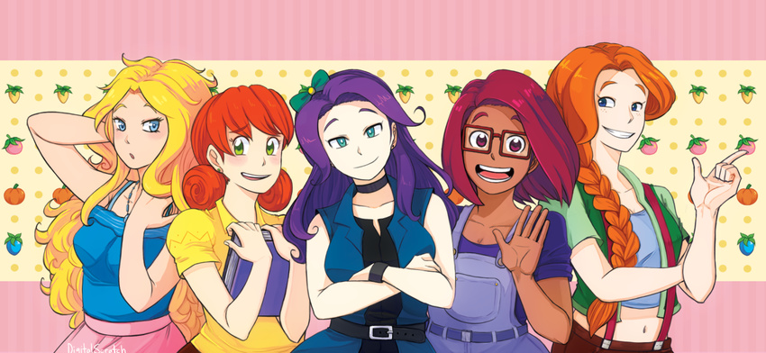 abigail_(stardew_valley) belt blonde_hair blue_eyes bow braid crossed_arms digitalscratch glasses green_eyes haley_(stardew_valley) leah_(stardew_valley) long_hair maru_(stardew_valley) multiple_girls orange_hair overalls penny_(stardew_valley) pointing red_eyes red_hair short_hair short_sleeves stardew_valley waving