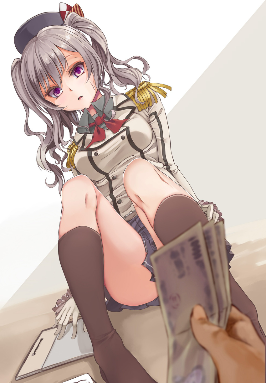 absurdres arms_at_sides black_legwear breasts epaulettes gloves hat highres holding holding_money kantai_collection kashima_(kantai_collection) kneehighs large_breasts long_hair looking_at_viewer medium_breasts meme military military_uniform miniskirt mizuiro_raika money prostitution purple_eyes silver_hair sitting skirt solo sweat twintails uniform wavy_hair white_gloves wing_collar yen