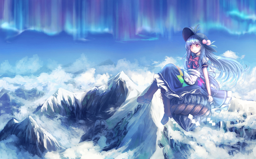 aurora bad_id bad_pixiv_id black_hat blue_hair blue_skirt boots bow bowtie brown_footwear commentary_request cross-laced_footwear crossed_legs day food fruit hat highres hinanawi_tenshi keystone lace-up_boots leaf long_hair looking_afar looking_away maru_daizu_(aqua6233) mountain peach petticoat puffy_short_sleeves puffy_sleeves rainbow_order red_bow red_eyes red_neckwear shirt short_sleeves sitting skirt sky smile snow solo touhou white_shirt
