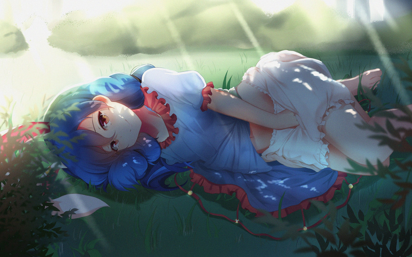 animal_ears bad_id bad_pixiv_id barefoot bloomers blue_dress blue_hair bunny_ears closed_mouth dappled_sunlight day dress dress_lift highres looking_at_viewer lying on_side outdoors puffy_short_sleeves puffy_sleeves red_eyes seiran_(touhou) septet_(zrca_janne) short_sleeves smile solo sunlight touhou underwear