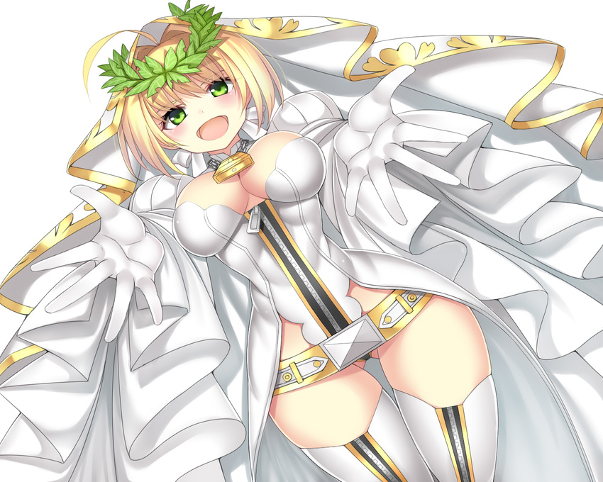 :d beeyan belt blonde_hair breasts bridal_veil cleavage fate/extra fate/extra_ccc fate_(series) gloves green_eyes highres large_breasts leotard nero_claudius_(bride)_(fate) nero_claudius_(fate)_(all) open_mouth simple_background smile solo thighhighs veil white_background white_gloves white_legwear white_sleeves