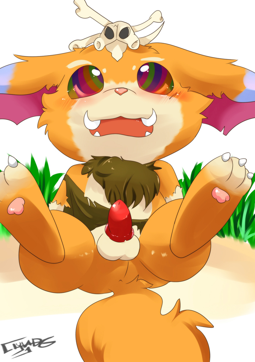 anus balls big_ears claws clothing clyndemoon cub erection fur gnar_(lol) grass hypnosis league_of_legends loincloth mind_control open_mouth orange_fur pawpads penis sitting skull solo tusks video_games watermark yordle young