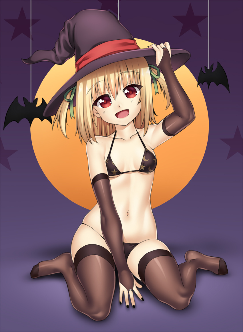 bare_shoulders bat belly bikini blonde_hair breasts fingerless_gloves gloves hair_ornament halloween hat highres kneeling moon no_shoes open_mouth original red_eyes ribbon short_hair small_breasts solo swimsuit thighhighs witch witch_hat zeshgolden