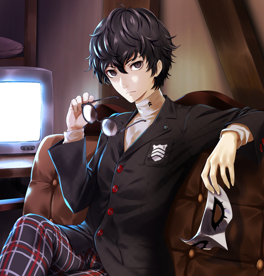 1boy black-framed_eyewear black_hair black_jacket blazer buttons closed_mouth couch cowboy_shot crossed_legs emblem eyebrows eyebrows_visible_through_hair glasses glasses_removed hair_between_eyes highres holding holding_glasses holding_mask indoors infinote jacket kurusu_akira light long_sleeves looking_at_viewer male_focus mask mask_removed on_couch pants persona persona_5 pillow plaid plaid_pants pocket purple_eyes screen serious sitting television turtleneck